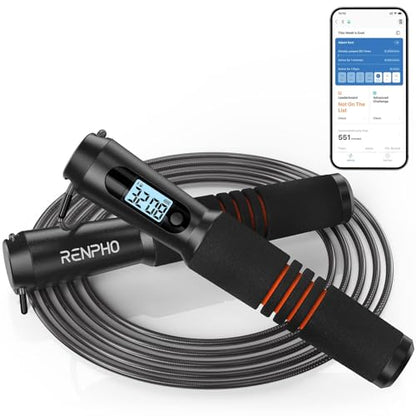 RENPHO Smart Jump Rope with Counter, App Data Tracking, LCD Display | App Data Storage & Analysis, Tangle-Free Design, Adjustable Workout Rope, Fitness Training for Crossfit, Gym & MMA - color: C-Black Steel wire rope 1 pc