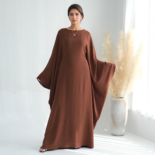 Abaya Dress for Women Soft Crepe Like Linen Khimar Butterfly Batwing Dubai Islam Muslim Kaftan Modest Prayer Dress - color: Coffee, size: Medium