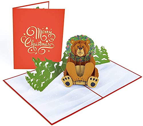 PopLife Holiday Bear Pop Up Christmas Card, Blank Merry Christmas Greeting, Grizzly Bear Card, Xmas GIft, New Years - Fold Flat for Mailing - For Grandkids, For Dad, For Grandpa, For Animal Lovers - color: Holiday Bear