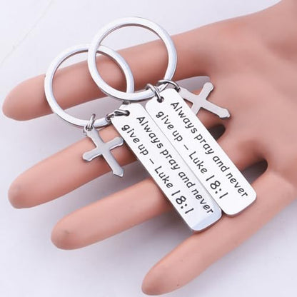 LQRI Bible Verse Gifts Always Pray and Never Give Up Luke 18:1 Scripture Keychain Set Religious Christian Gift for Men Women