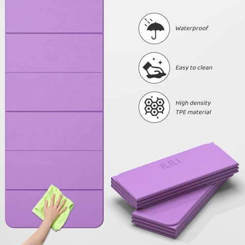 ILILI Foldable Yoga Mat 71 * 24 * 0.3 Inch | Lightweight TPE Non Slip Exercise Mat, Waterproof Portable Fitness Mat for Home Gym, Pilates, Stretching & Daily Workouts - color: Violet