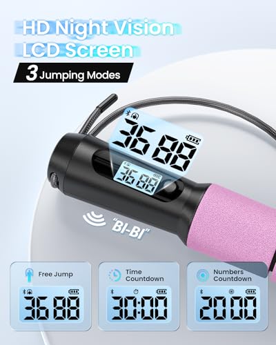 RENPHO Smart Jump Rope with Counter, App Data Tracking, LCD Display | App Data Storage & Analysis, Tangle-Free Design, Adjustable Workout Rope, Fitness Training for Crossfit, Gym & MMA - color: B-Pink Steel wire rope 1 pc