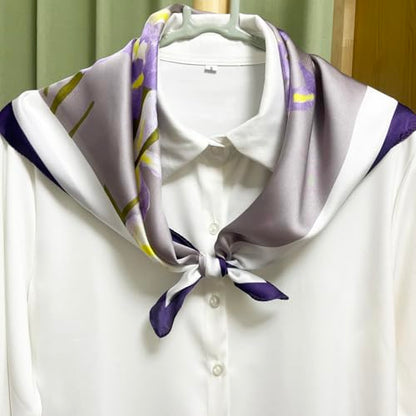 FONYVE Silk Feeling Scarf Medium Square Satin Head Scarf for Women 27.5 × 27.5 inches - color: 03 Purple Flowers