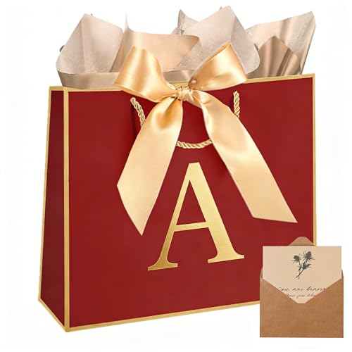 Topaliving Personalized Gift Bag with Card and Tissue Paper, 26 Letters Birthday Gift Bag 13'' Custom Valentines Weddings Present with Initials/Numbers for Women Men Kids (Red,A) - color: Red, size: A
