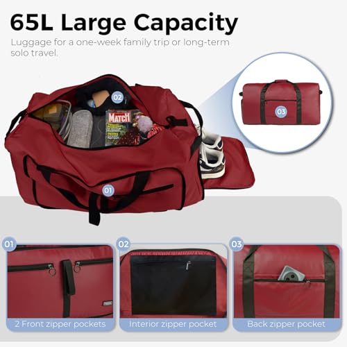 Fmeida 65L Duffle Bag with Shoes Compartment, Foldable Travel Duffel Bags for Men Women, Large Packable Travel Bag Water Repellent & Tear Resistant (Red) - color: Glossy Red