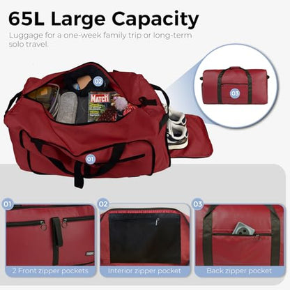 Fmeida 65L Duffle Bag with Shoes Compartment, Foldable Travel Duffel Bags for Men Women, Large Packable Travel Bag Water Repellent & Tear Resistant (Red) - color: Glossy Red