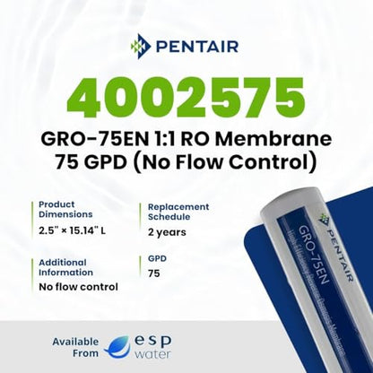 Pentair GRO-75EN RO Membrane 75 GPD with No Flow Control 4002575 – 1:1 Ratio High Efficiency TLC Encapsulated Reverse Osmosis Element with 1/4 Inch with Permeate Check Valve - size: 75 GPD No Flow Control