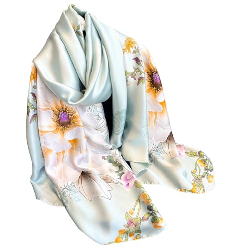 Womens 100% Large Mulberry Silk Scarf Long Satin Scarf Fashion Lightweight Wraps - color: Light Green