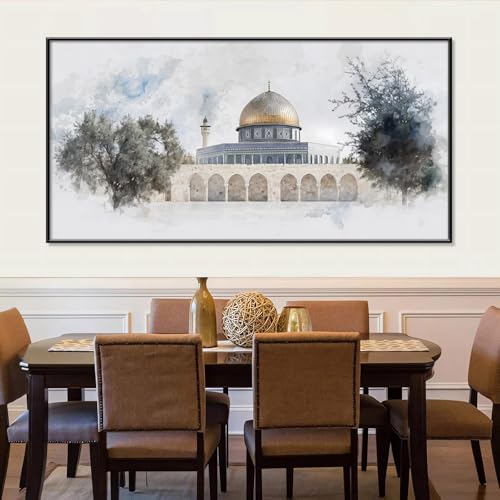 Canvas Wall Art - Aqsa Mosque with Olive Trees, Masjid Aqsa Canvas Print, Islamic Wall Art, Kaaba Wall Decor, Muslim Poster, Religious Print Art, Home Wall Decor (Black Framed, 31"x15"|80x40cm) - color: Black Framed, size: 31L"x15W"