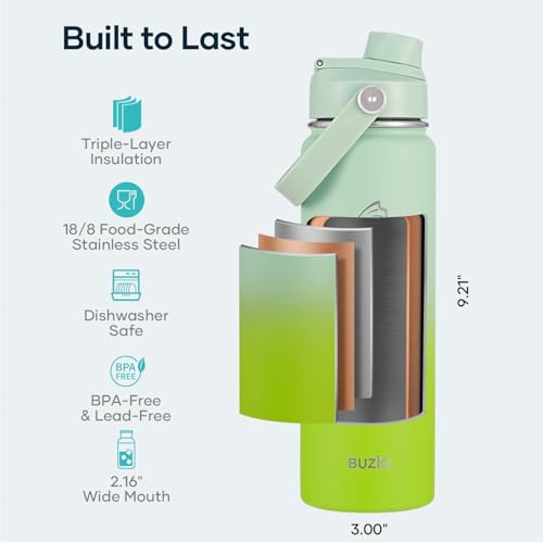 BUZIO 24 oz Insulated Water Bottle, Stainless Steel Wide Mouth Water Flask with Straw Lid, Cold for 48 Hrs Leak Proof Metal Hydro Thermo Canteen Mug, Gradient Green - color: Gradient Green, size: 24 Ounces
