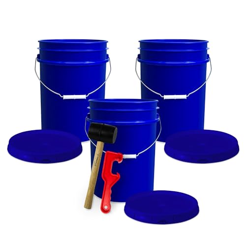 5 Gallon Bucket w/Lid, Food Grade BPA-Free, 3 Pack, Blue | Airtight Lid, Mallet and Lid Opener Included, Heavy-Duty 90 Mil HDPE Plastic, Food-Safe Durable Container, Made in USA - color: Blue, size: 3 Packs