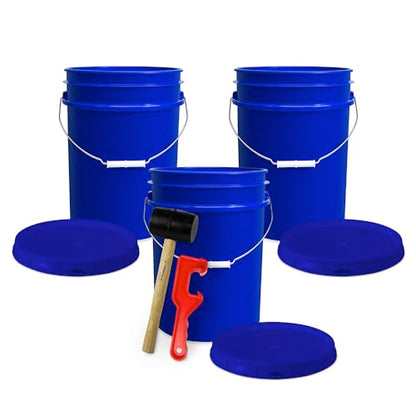 5 Gallon Bucket w/Lid, Food Grade BPA-Free, 3 Pack, Blue | Airtight Lid, Mallet and Lid Opener Included, Heavy-Duty 90 Mil HDPE Plastic, Food-Safe Durable Container, Made in USA - color: Blue, size: 3 Packs