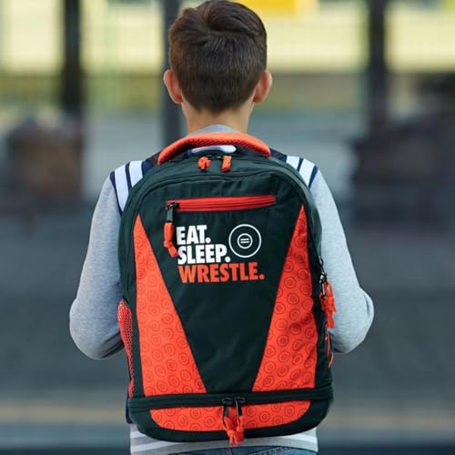 ChalkTalkSPORTS Wrestling Backpack for School - Eat Sleep Wrestle | Kids Wrestling Bookbag, 100% Polyester, 12" W x 15" H x 6" D, Laptop Pocket, Shoe Pocket, Padded Back, Adjustable Straps