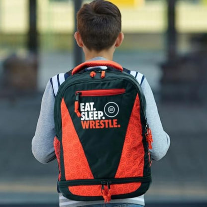 ChalkTalkSPORTS Wrestling Backpack for School - Eat Sleep Wrestle | Kids Wrestling Bookbag, 100% Polyester, 12" W x 15" H x 6" D, Laptop Pocket, Shoe Pocket, Padded Back, Adjustable Straps