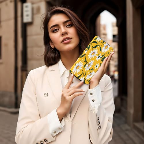 Daisies On Yellow Background PU Leather Long Wallet for Women Men, Zipper Clutch Wallet RFID Card Holder Organizer - color: Daisies On Yellow Background