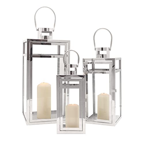 TRIROCKS Stainless Steel Lantern Set of 3, 19/15/12" Tall Metal Hanging Lanterns with Tempered Glass Panels, Indoor & Outdoor Home Decor for Living Room, Tabletop, Parties & Events - Silver Finish - color: Silver
