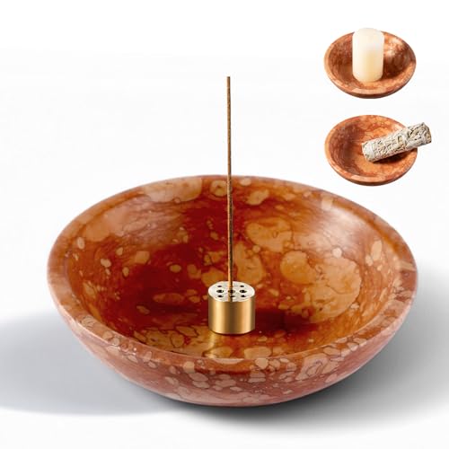 Koville Natural Marble Incense Holder, Incense Holder for Sticks with 9 Holes, Handmade Incense Burner Ash Catcher for Meditation Yoga SPA, Balsam Fir/Palo Santo/Sage/Cone (Red) - color: D=130-red