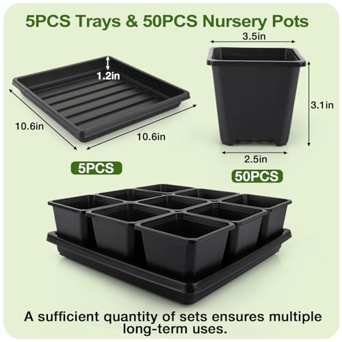 50Pcs 3.5inch Square Nursery Pots with 5Pcs Seed Starting Trays, Seed Starter Tray Kit, Seeds Starting Germination, Seeding Pots with Drain Holes, Small Plant Nursery Propagation - size: 3.5Inch