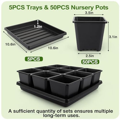 50Pcs 3.5inch Square Nursery Pots with 5Pcs Seed Starting Trays, Seed Starter Tray Kit, Seeds Starting Germination, Seeding Pots with Drain Holes, Small Plant Nursery Propagation - size: 3.5Inch