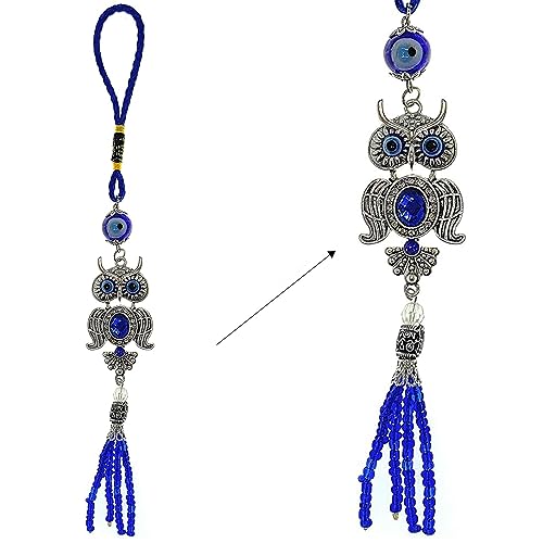 Bravo Team Lucky Owl and Evil Eye Hanging Ornament w/Blue Crystal and Bead Tassel Sign of Protection Blessing and Strength Home/Office Decorative Accessories Car Rear View Mirror Ornaments - color: Lucky Owl