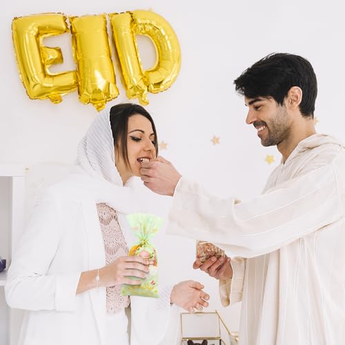 Unigift 50 Pcs Eid Mubarak Treat Bags with Twist Tie,Ramadan Party Favor Bag Crescent Moon Star Castle Pattern Eid al-Fitr Kareem Goodie Candy Bag Cookies Snack Gift Bags for Muslim Party Supply
