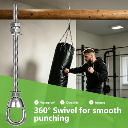 Heavy Duty 800LBS Punching Bag Hanger Swivel Ceiling Hook, 360 Bearing Rotation Stainless Steel Swing Anchor with Quick Release Carabiner, Anti Loose Double Nut Mount for Boxing Hammock Swing