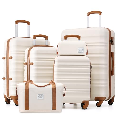LONG VACATION Luggage Sets, 6 Piece, Hardshell Suitcase with Spinner Wheels - color: BEIGE-BROWN, size: 6-Piece Set