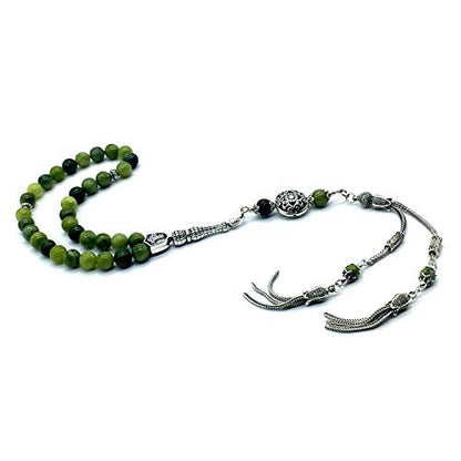 Design -Latest Models New Long & Stylist Tassels Worry Beads - Prayer Beads (8 mm-33 Beads) Tesbih-Tasbih-Tasbeeh-Misbaha-Masbaha-Subha-Sebha-Sibha-Rosary (Green Jade Stone - Twin Tassel) - color: Green Jade Stone - Twin Tassel