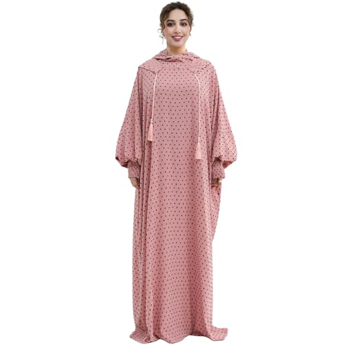 Upgraded Abaya Dress for Women 1PC Hoodie Polka Dot Modest Prayer Robe - color: Pink, size: Size 1