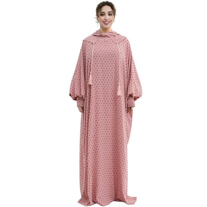 Upgraded Abaya Dress for Women 1PC Hoodie Polka Dot Modest Prayer Robe - color: Pink, size: Size 2