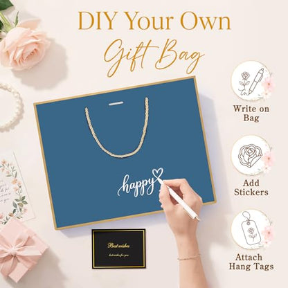 ANZNKU 2PCS Blue Gift Bags Set, Medium Gift Bags with Handles 4 Tissue Paper 2 Ribbons 2 Cards for Women & Men Wedding Birthday Graduation Bridal Baby Shower Engagement Party Favors Present Wrap - color: Navy Blue