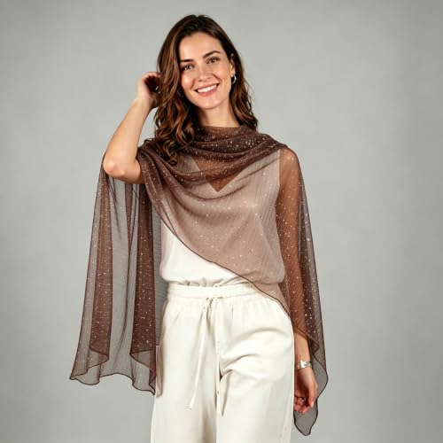 Sequin Scarf for Women Lightweight Mesh Shawl Wrap Bandana Hijab Headscarf for Summer Evening Dress - color: Coffee