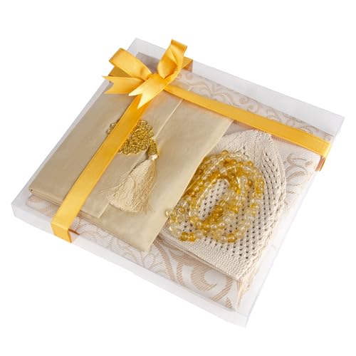 Islamic Prayer Gift Set for Men – Velvet Prayer Mat, Tasbih Beads, Yaseen Book – Muslim Prayer Essentials – Ramadan Eid Gift - color: Beige