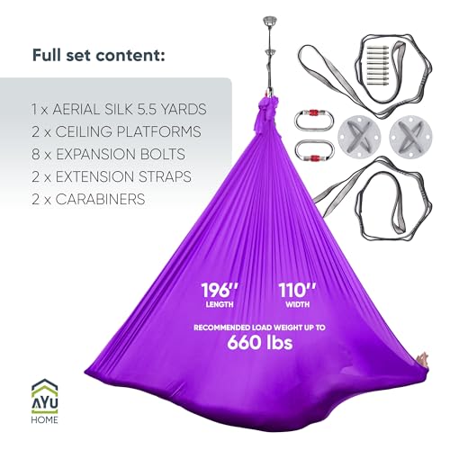 AyuHome Aerial Silks Kit for Home - Premium Yoga Swing for Adults with 660 lbs Capacity - Versatile Aerial Yoga Hammock for Gymnastics Training - color: Aerial silk - Purple New