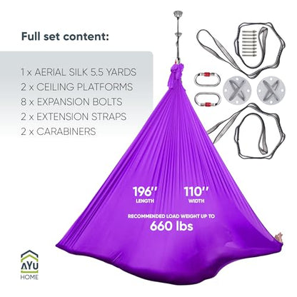 AyuHome Aerial Silks Kit for Home - Premium Yoga Swing for Adults with 660 lbs Capacity - Versatile Aerial Yoga Hammock for Gymnastics Training - color: Aerial silk - Purple New