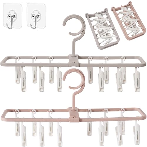 Clothes Drying Racks 2 Pack Grey Pink Small Folding Portable Underwear Hangers with 12 Clips 360° Rotatable Hook for Socks Drying Towels Bras Baby Clothes Gloves Plast 2 pcs Traceless Hook - color: Gray,light Pink-2 Pack