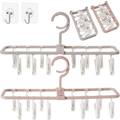 Clothes Drying Racks 2 Pack Grey Pink Small Folding Portable Underwear Hangers with 12 Clips 360° Rotatable Hook for Socks Drying Towels Bras Baby Clothes Gloves Plast 2 pcs Traceless Hook - color: Gray,light Pink-2 Pack
