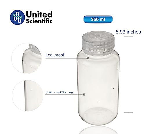 United Scientific™ Sample Bottles with Lids, Polypropylene, 250ml, 12-Pack | 8 oz Wide Mouth Reagent Bottle, Autoclavable, Leakproof, BPA & Phthalate Free, Laboratory Grade Plastic Bottles with Lids - size: 8 oz (Pack of 12)