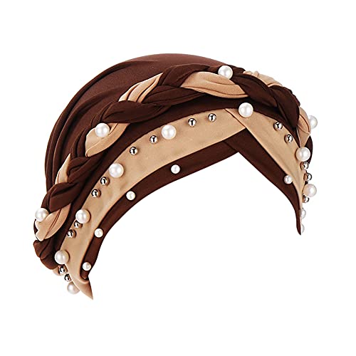 Fxhixiy Women Chemo Beanie Beaded Pearl Braid Turban Headwear for Hair Loss - color: Coffee Khaki