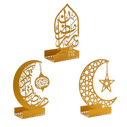 3 Pcs Gold Metal Ramadan Decorations for Home 2026, Eid Mubarak Kareem Sign Islamic Table Centerpiece Fireplace Decor, Arabic Crescent Moon Stand Lantern Star Candle Holders, Muslim Gifts
