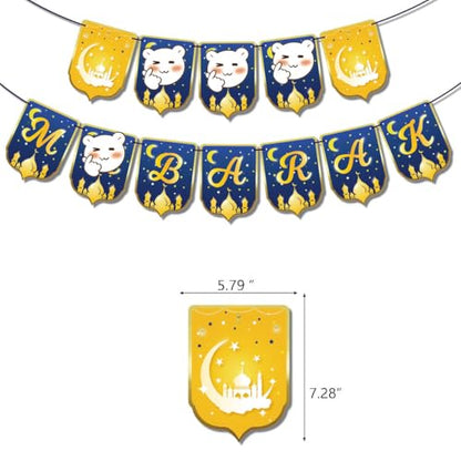 Eid Mubarak Decorations Set 72 PCS - Blue & Gold Ramadan Decorations for Home with Eid Mubarak Banner, 18 Latex Balloons, Cake Toppers & Hanging Swirls - Complete Eid Al-Fitr Party Supplies Kit