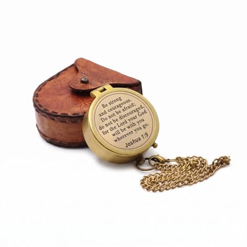 Compass – Brass Directional Vintage Compass Engraved with “Be Strong and Courageous” Joshua 1:9 Bible Verse, Baptism 2026 Communion Christian Inspirational Gifts for Women/Men - style: Be Strong- Leather Case