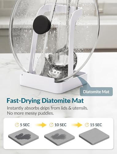 NiHome Pot Lid & Spoon Rest, Diatomite Tray Ladle Holder, Stove Top, White | Quick-Absorb Diatomite Base & Anti-Slip Silicone Pad Keep Counters Dry While Holding Lids & Utensils Upright - color: Medium White, size: with diatomite