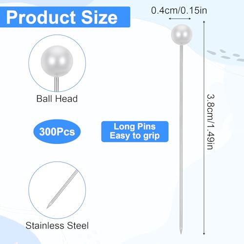 Thinp 300 Pcs Pearl Pins for Bouquets, 1.5inch Pearl Push Pins Corsage Pins-Round Ball Pearls Head Straight Pin for Crafts DIY Jewelry Making Sewing Wedding Flower Decoration