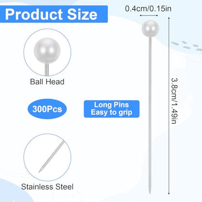 Thinp 300 Pcs Pearl Pins for Bouquets, 1.5inch Pearl Push Pins Corsage Pins-Round Ball Pearls Head Straight Pin for Crafts DIY Jewelry Making Sewing Wedding Flower Decoration