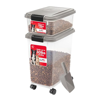 IRIS USA Airtight Dog Food Storage Container Combo, 30 lb & 11 lb Bin | Stackable food storage system includes scoop and wheels to keep kibble, treats, and pet food fresh and organized. - color: Chrome