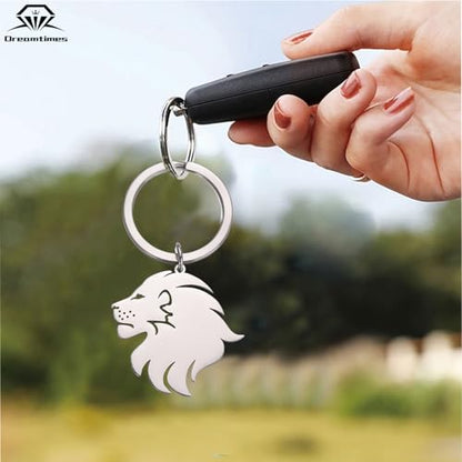 Dreamtimes Lion With King Crown Keychain for Men Stainless Steel Lion Punk Rock Keychain Bag Car Key Pendant Keychain - color: Silver-2