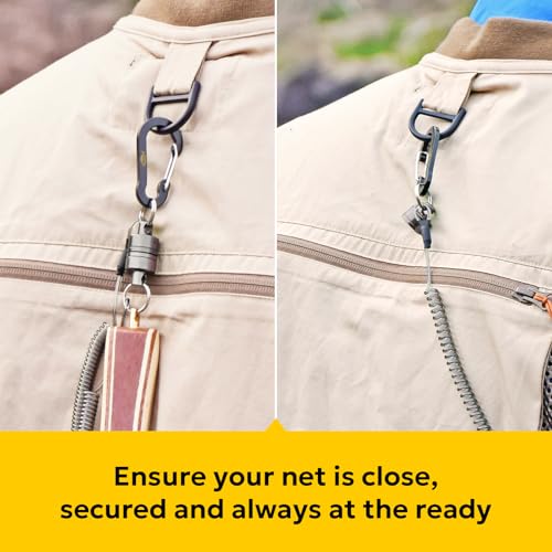 SF Strongest Magnetic Net Release Magnetic Keychain Fly Fishing Net Retractor Magnet Clip Holder Retractor with Retractable Coiled Lanyard Carabiner - color: Gunmetal Magnet+ Black Aluminum Alloy Hook