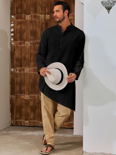 Runcati Mens Kaftan Robe Thobe Cotton Long Sleeve Henley Shirt Casual Muslim Gown Kurta Tops - color: Black, size: X-Large