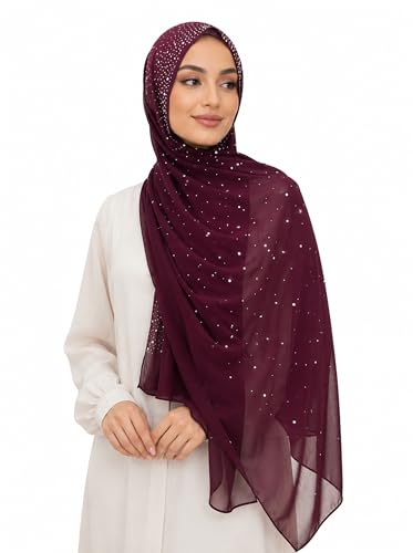 Chiffon Hijab Scarf for Women, Rhinestone Pearl Muslim Head Scarf, Lightweight Shawl Wrap - color: Purplish-red